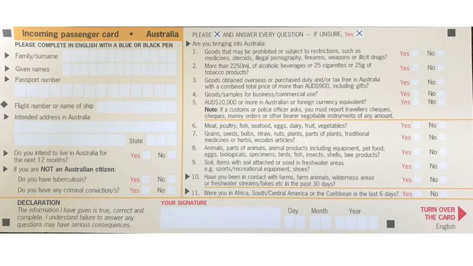 Mẫu ​​​Incoming Passenger Card (IPC) của Úc